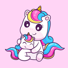Cute Unicorn Hugging Baby Unicorn Cartoon Vector Icon Illustration