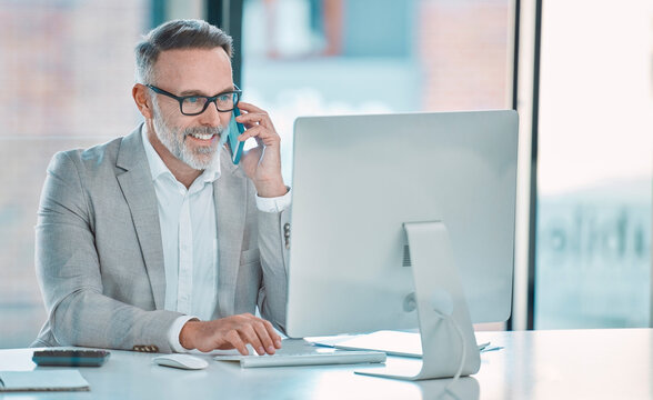Computer, phone call and mature man in finance with discussion, contact and networking for business funding. Businessman, budget advisor or risk management consultant in office on smartphone chat
