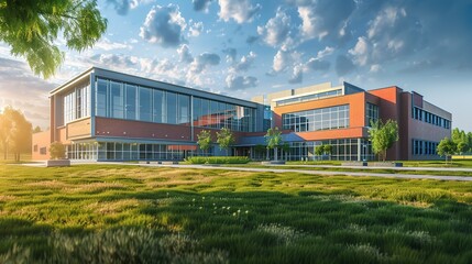 Fototapeta premium Daylight view of a typical American school building from the outside. Concept Architecture, School Design, Educational Facilities, Daylight Views, Exterior Design