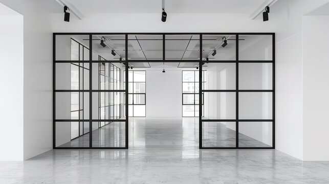 White room. white vacant building floor with black window frames and glass partition wall . A vacant tenant space for small office, schools restaurants. 
