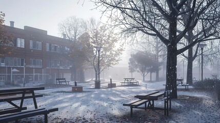 A morning scene featuring a schoolyard with empty benches and a calm, misty atmosphere, waiting for students to arrive. 