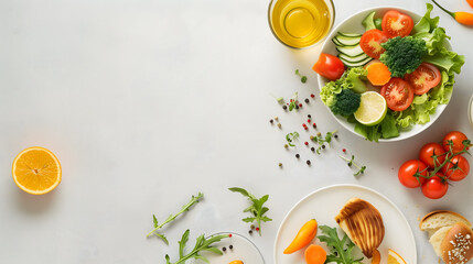 A minimalist flat lay with a clean background, beautifully arranged food items, and perfect lighting