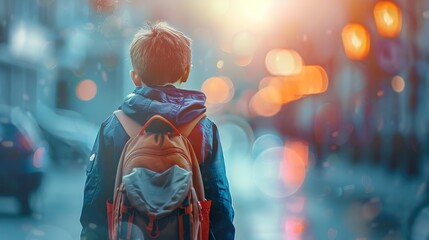 Obraz premium Schoolboy with a backpack. Blurred School Background. 