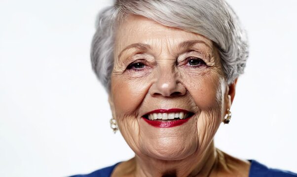 Headshot portrait video of a grinning woman in her 80s that is placed against a white background