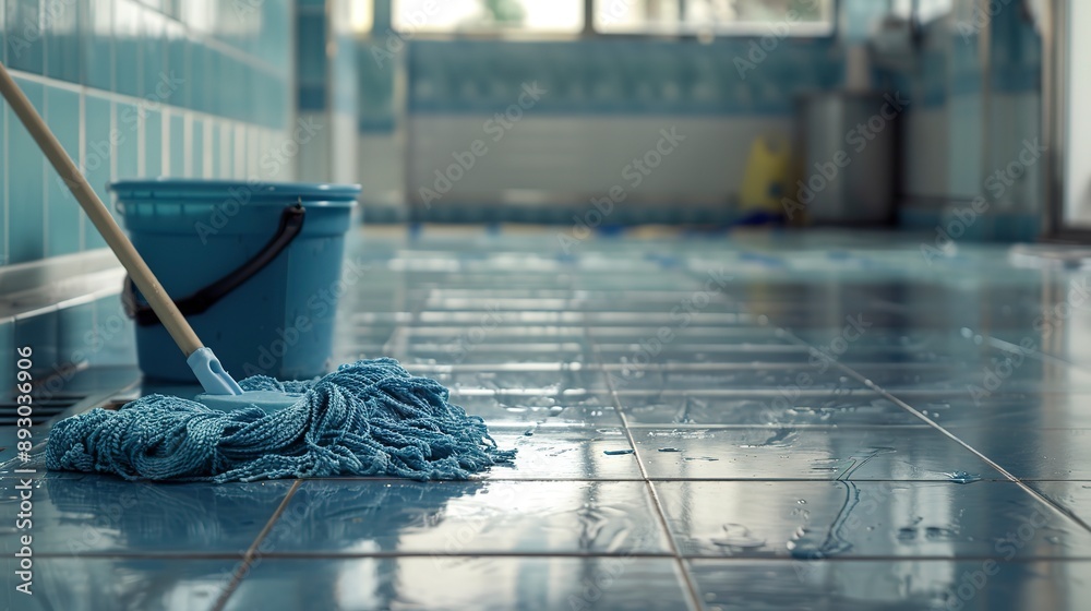 Poster mop and a bucket on a tiled floor