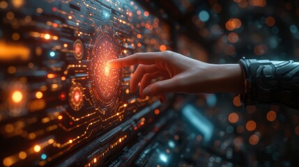A Hand Is Touching a Glowing Screen in Front of a Background of Stars and Lights - Generative AI