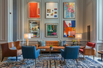 Modern Lobby Interior Design with Colorful Abstract Art