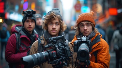 Fototapeta premium Three Young Men With Cameras Standing In the Middle of a Busy City Street - Generative AI
