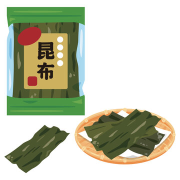 袋入りの昆布とザルに盛られた昆布
