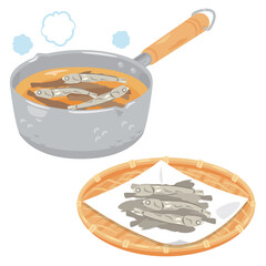 煮干し入りのスープ鍋とザルに盛られた煮干し