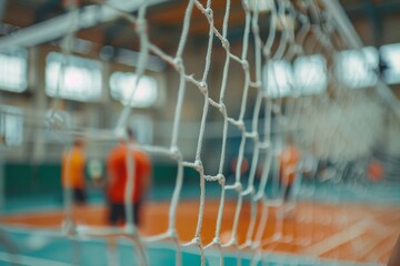 Volleyball Net in Focus with Blurry Players in the Background
