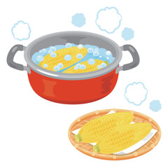両手鍋で茹でられるとうもろこし