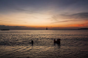 Cruise ship on the sea with sunset over the horizon line