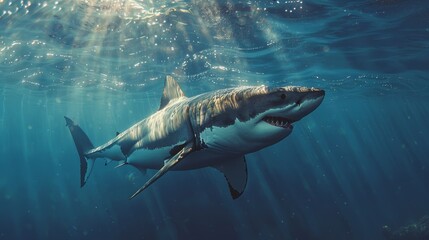 Fototapeta premium A Great White Shark Swims in the Ocean With Sunlight Shining Through the Water - Generative AI