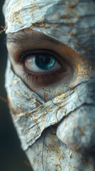 Ethereal Gaze: Blue Eye Veiled in Gold-Flecked Wrappings