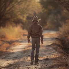 Young cowboy walks down a rural dirt road