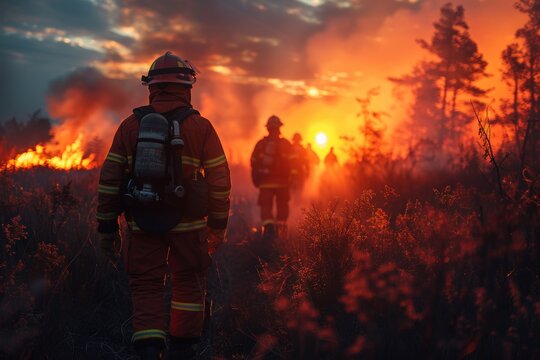 Firefighters in safety gear battle forest wildfire cinematic footage of ecological emergency