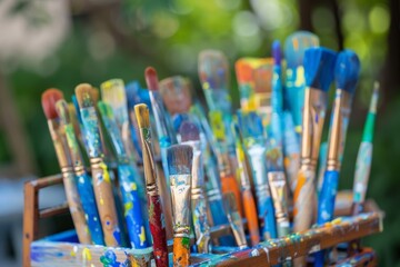 Obraz premium Colorful Paintbrushes in a Wooden Holder