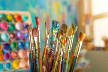 Close-Up of Paintbrushes in a Colorful Art Studio