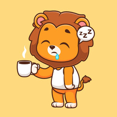 Cute Sleepy Lion Holding Coffee Cartoon Vector Icon