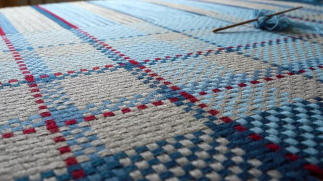 Close-up of Handwoven Blue and Red Checkered Fabric with Needlework