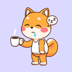 Cute Sleepy Shiba Inu Dog Holding Coffee Cartoon Vector Icon