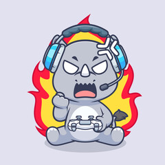 Cute Angry Rhino Gaming Cartoon Vector Icon