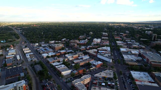 Downtown Fort Collins Colorado Aerial Drone Video at sunset