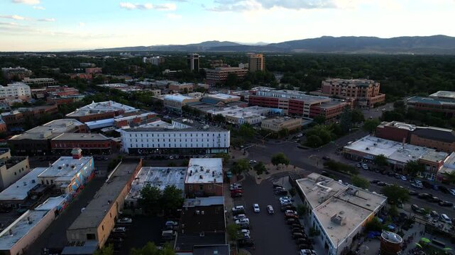 Old Town Fort Collins Colorado Drone Fly over on a summer evening at sunset