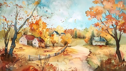 Autumn landscape in the countryside with houses and trees