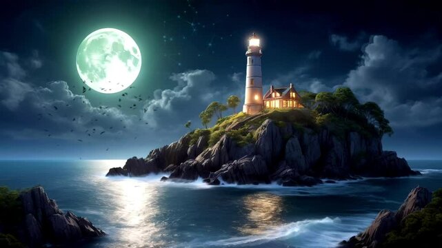 Lighthouse on the sea at night with full moon &ndash; 02