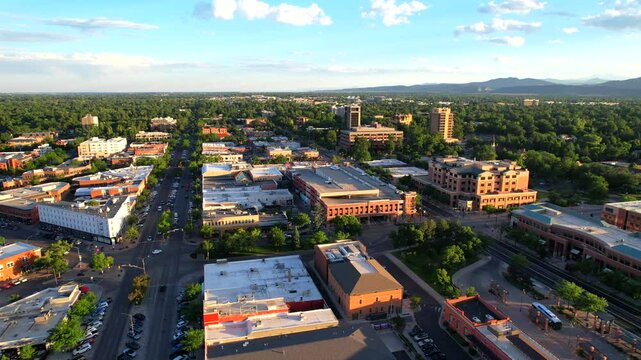 Golden Hour Drone Fly Over of main street Fort Collins Colorado
