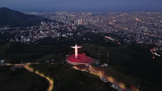 Drone footage of Cristo Rey during sunset in Cali, Colombia