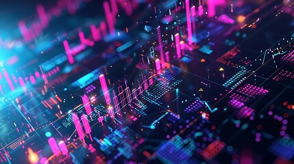 Fototapeta premium Neon Abstract Visualization of Analytics Digital Data Flow for Modern Futuristic Electronic Innovation Technology Concept.