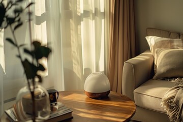 Modern Living Room with Essential Oil Diffuser and Sunlight