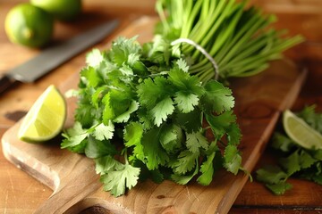 Fresh Cilantro Bundle with Lime Wedges on Cutting Board - Culinary Ingredients and Garnish Concept