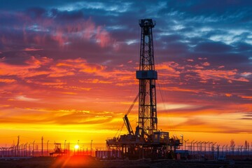 Fototapeta premium A sunrise over an onshore oil drilling rig, highlighting the machinery and early morning activity