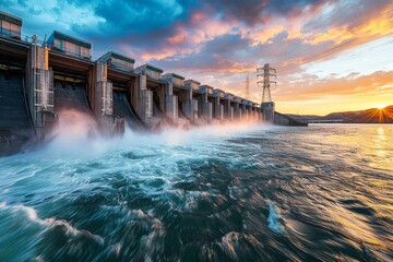 A sunset view of a hydroelectric dam, with the sky painted in warm hues and the water shimmering in the fading light