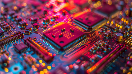 Obraz premium A computer microchip surface, intricate circuit patterns and transistors visible, reflective metal surfaces, high dynamic range,