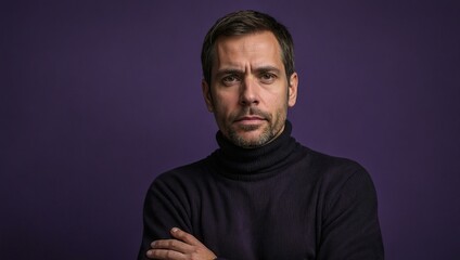 Fototapeta premium Curious Man on Purple Background with a raised eyebrow and a curious expression, wearing a black turtleneck against a purple background.