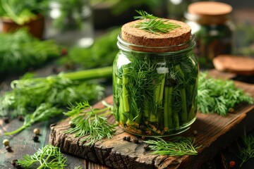 Fragrant Dill Sprigs in Glass Jar with Scattered Herbs on Wooden Cutting Board