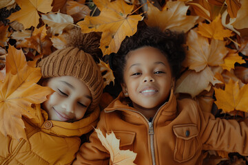 Closeup photo of two african american children with laying on orange fallen autumn leaves