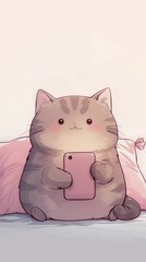 A cute cartoon cat sitting on a pillow, holding a pink smartphone, radiating charm and playfulness in a cozy setting.