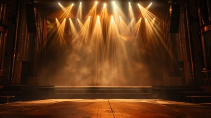Obraz premium Glowing stage light illuminates an empty stage, creating a dramatic and atmospheric setting 