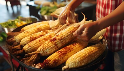 Elotes Traditional mexican food, corn cob in Mexico