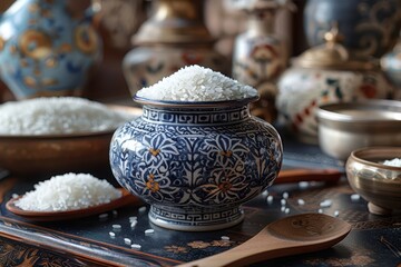 Fototapeta premium Serene Still Life of Rice Grains in Glass Jar with Wooden Spoon - Minimalist Kitchen Decor Concept