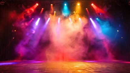 Stage lights glowing in various colors, illuminating a theater stage and creating a vibrant backdrop