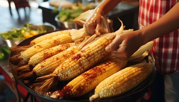 Elotes Traditional mexican food, corn cob in Mexico