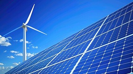 Solar panels with a wind turbine in the background, representing renewable energy