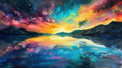 Southern lights over a tranquil lake with reflections of the vibrant colors in the water